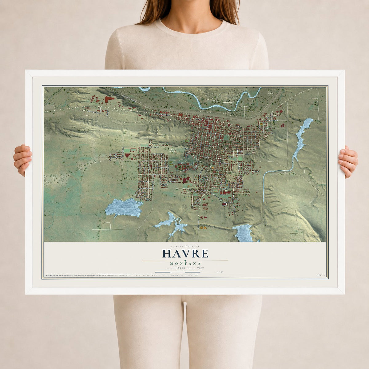 Map of Havre, Montana, 24 x 36 inch print in a white wood frame