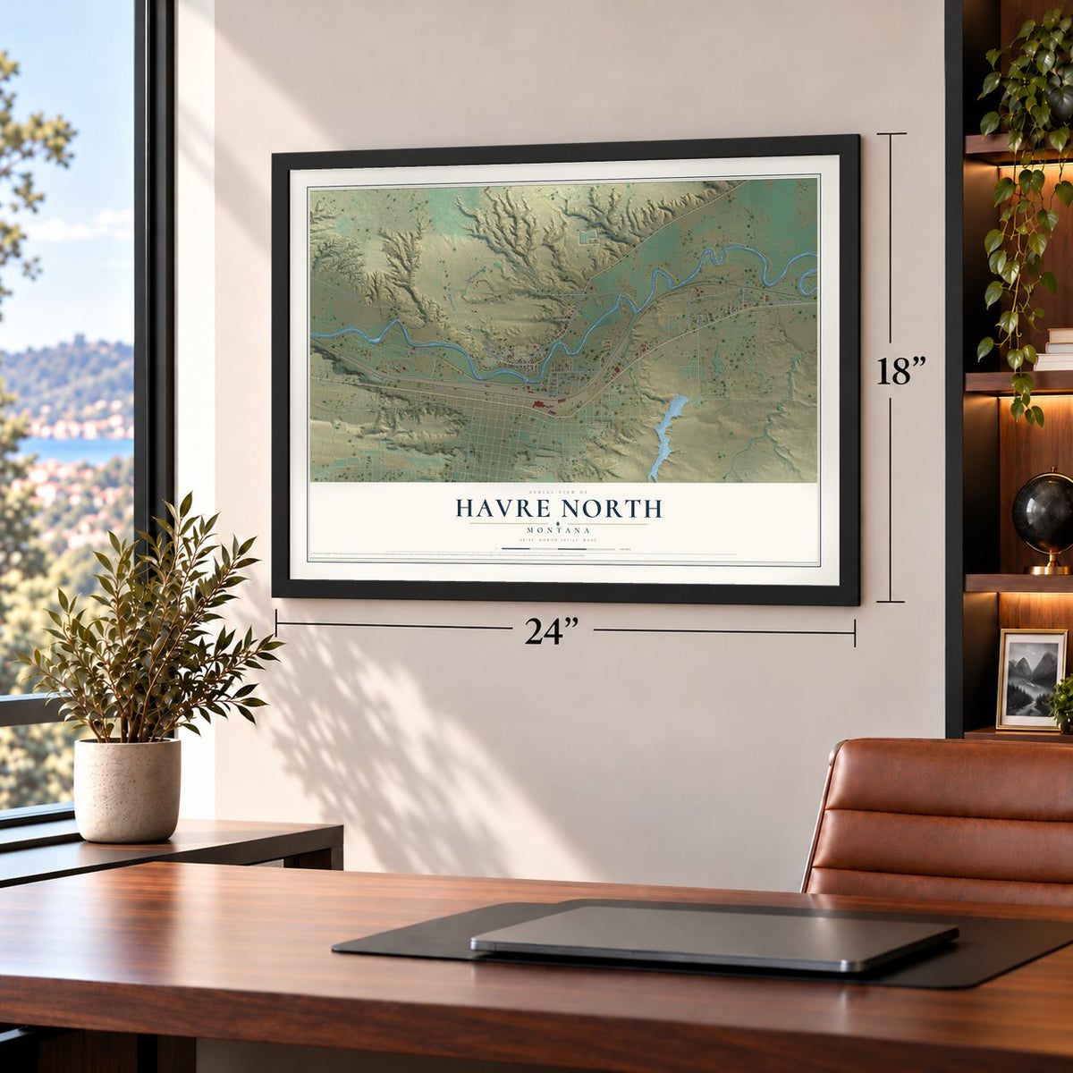 Havre North, Montana map, 18 x 24 inch print in a black frame in a home office