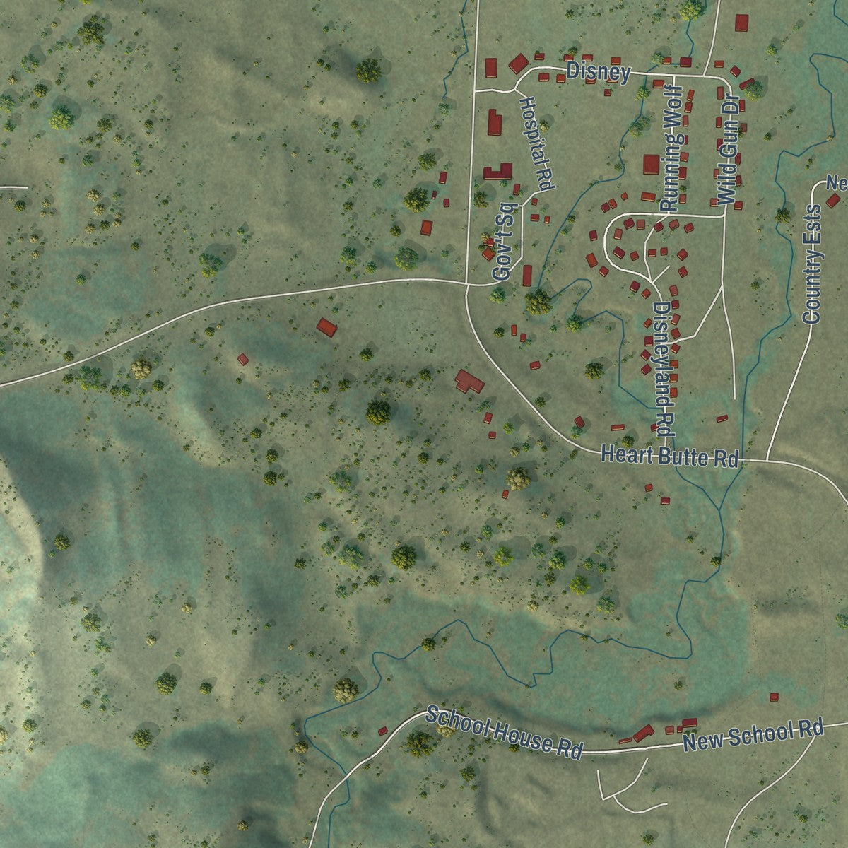 Close-up of the map of Heart Butte, Montana print showing street and building detail