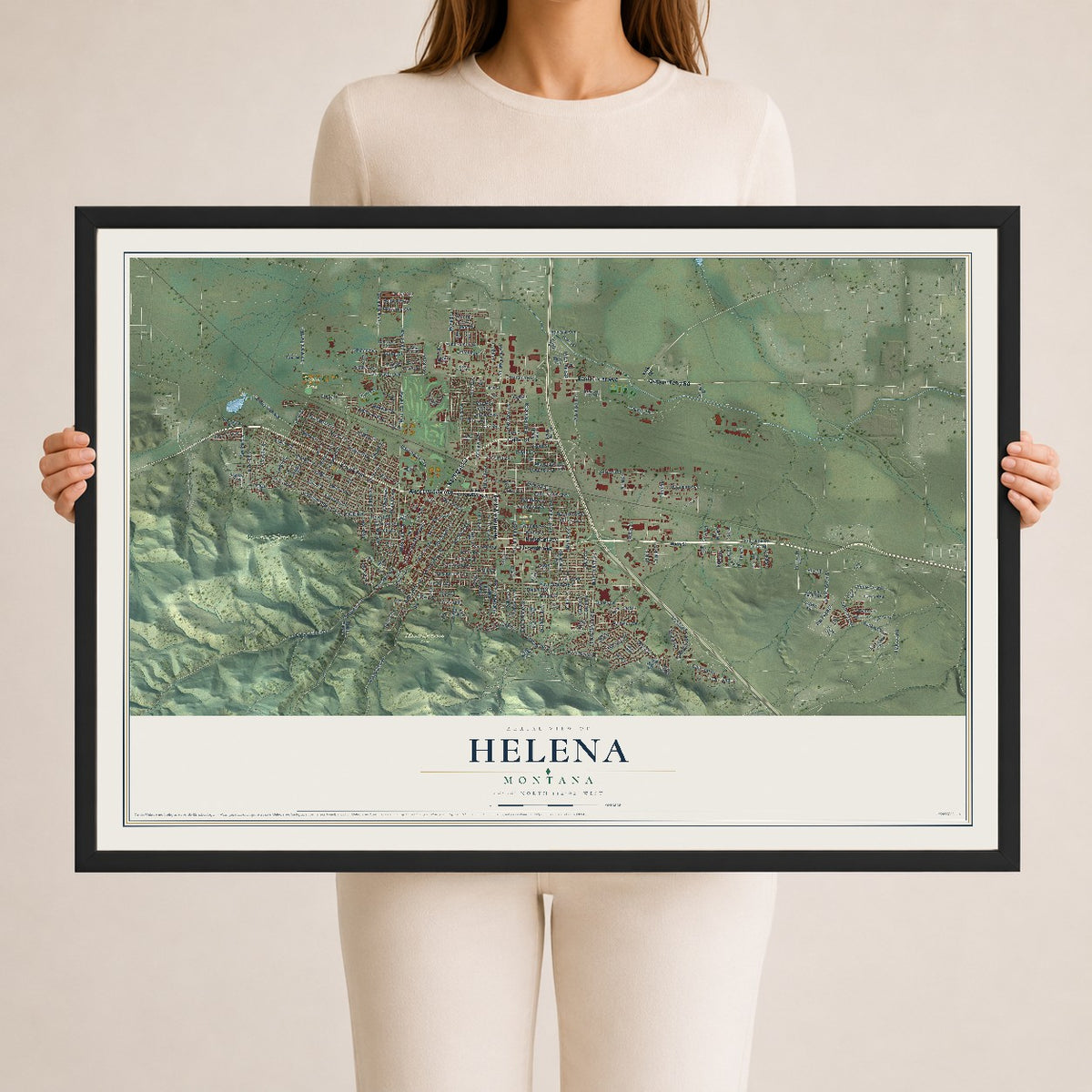 Map of Helena, Montana, 24 x 36 inch print in a black wood frame