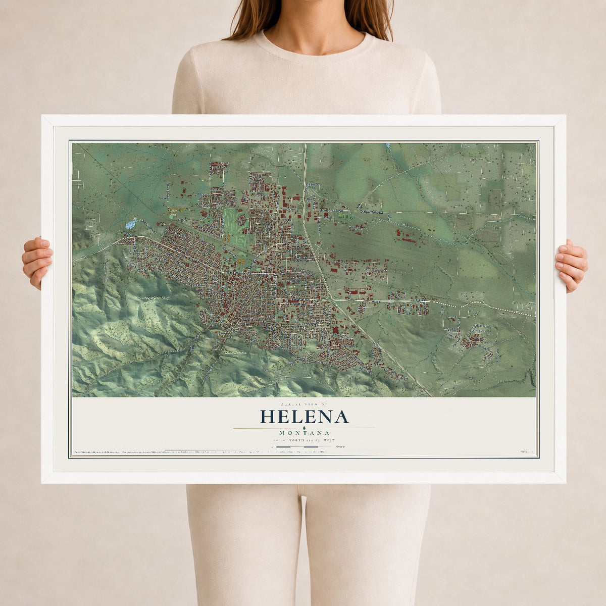 Map of Helena, Montana, 24 x 36 inch print in a white wood frame