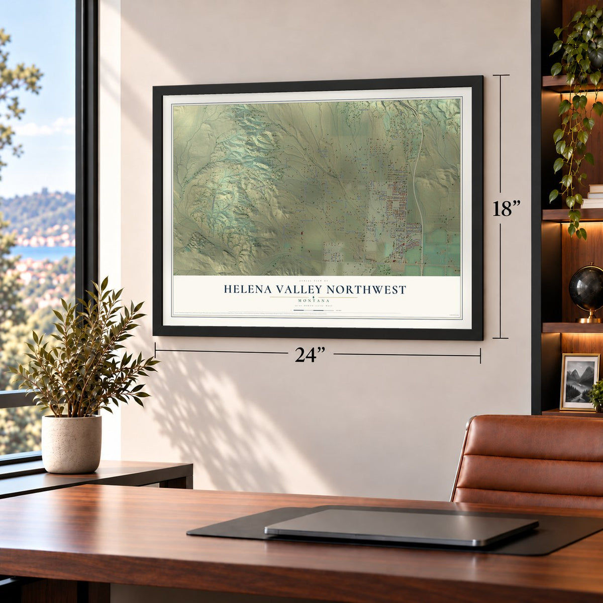 Helena Valley Northwest, Montana map, 18 x 24 inch print in a black frame in a home office