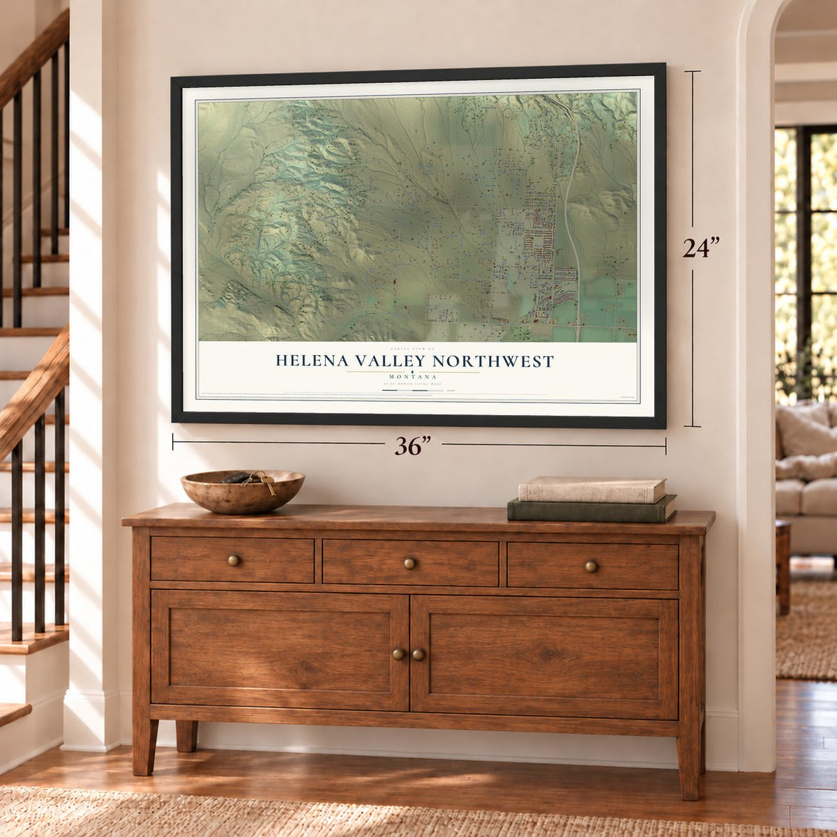 Helena Valley Northwest, Montana map, 24 x 36 inch print in a black frame above a dresser by a staircase