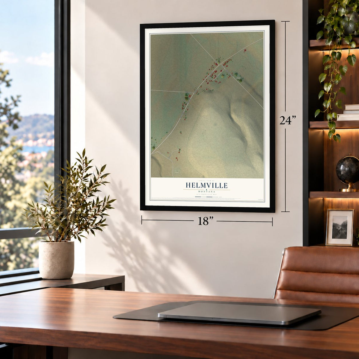 Helmville, Montana map, 18 x 24 inch print in a black frame in a home office