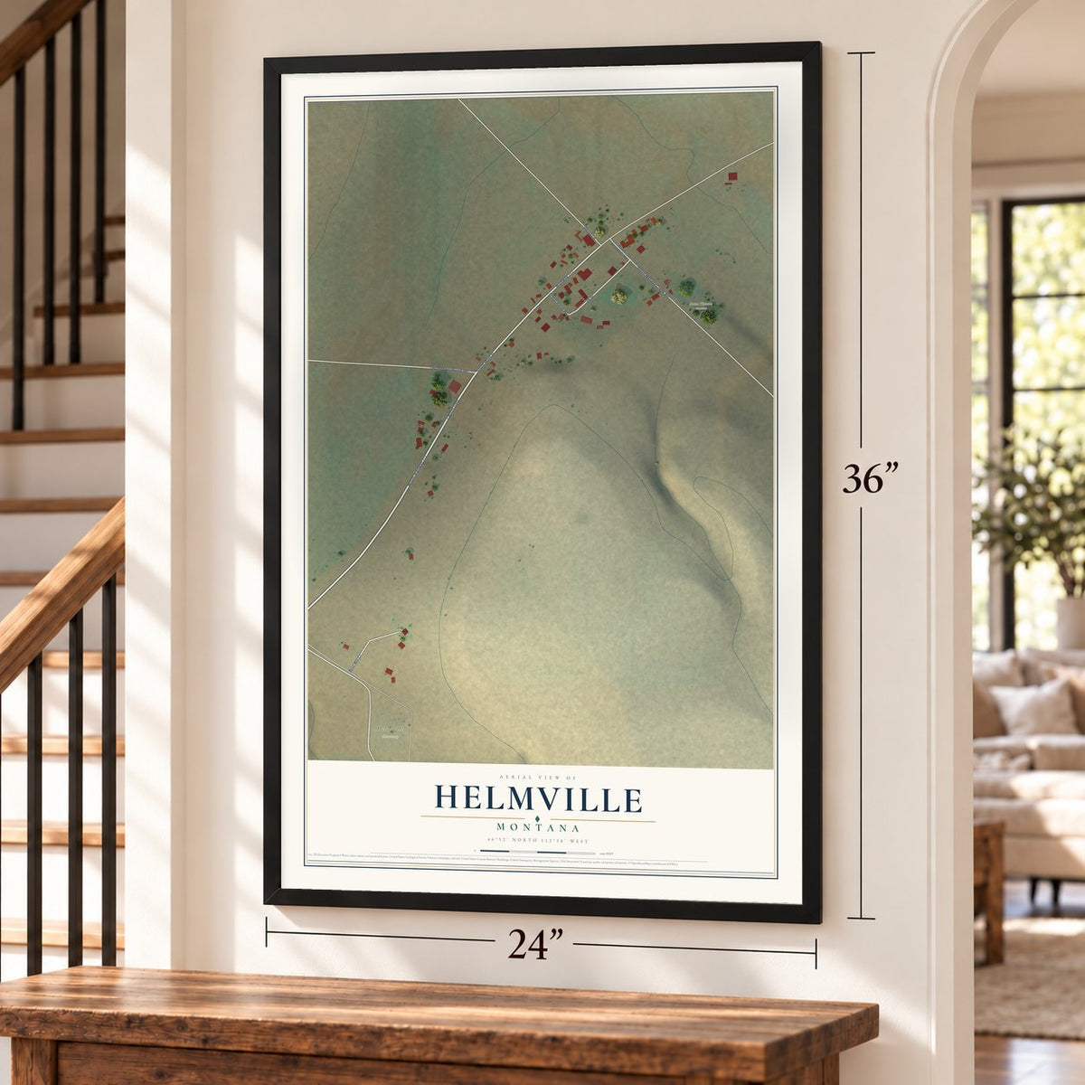 Helmville, Montana map, 24 x 36 inch print in a black frame by a staircase