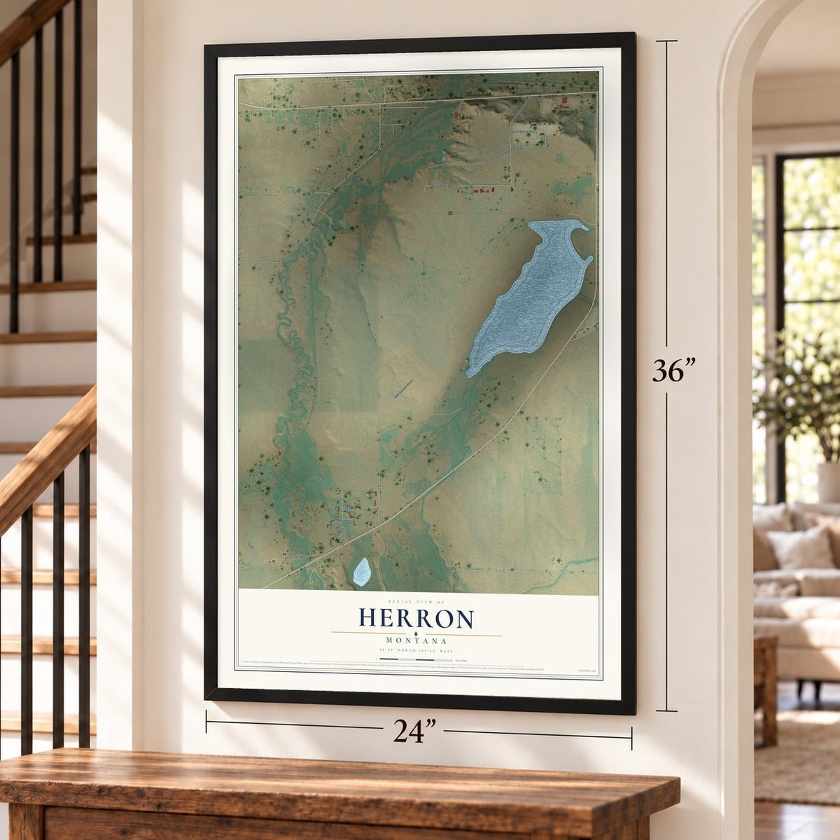 Herron, Montana map, 24 x 36 inch print in a black frame by a staircase