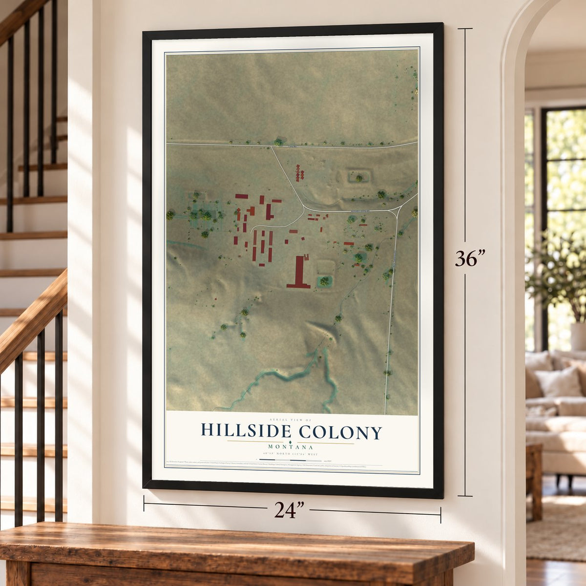 Hillside Colony, Montana map, 24 x 36 inch print in a black frame by a staircase