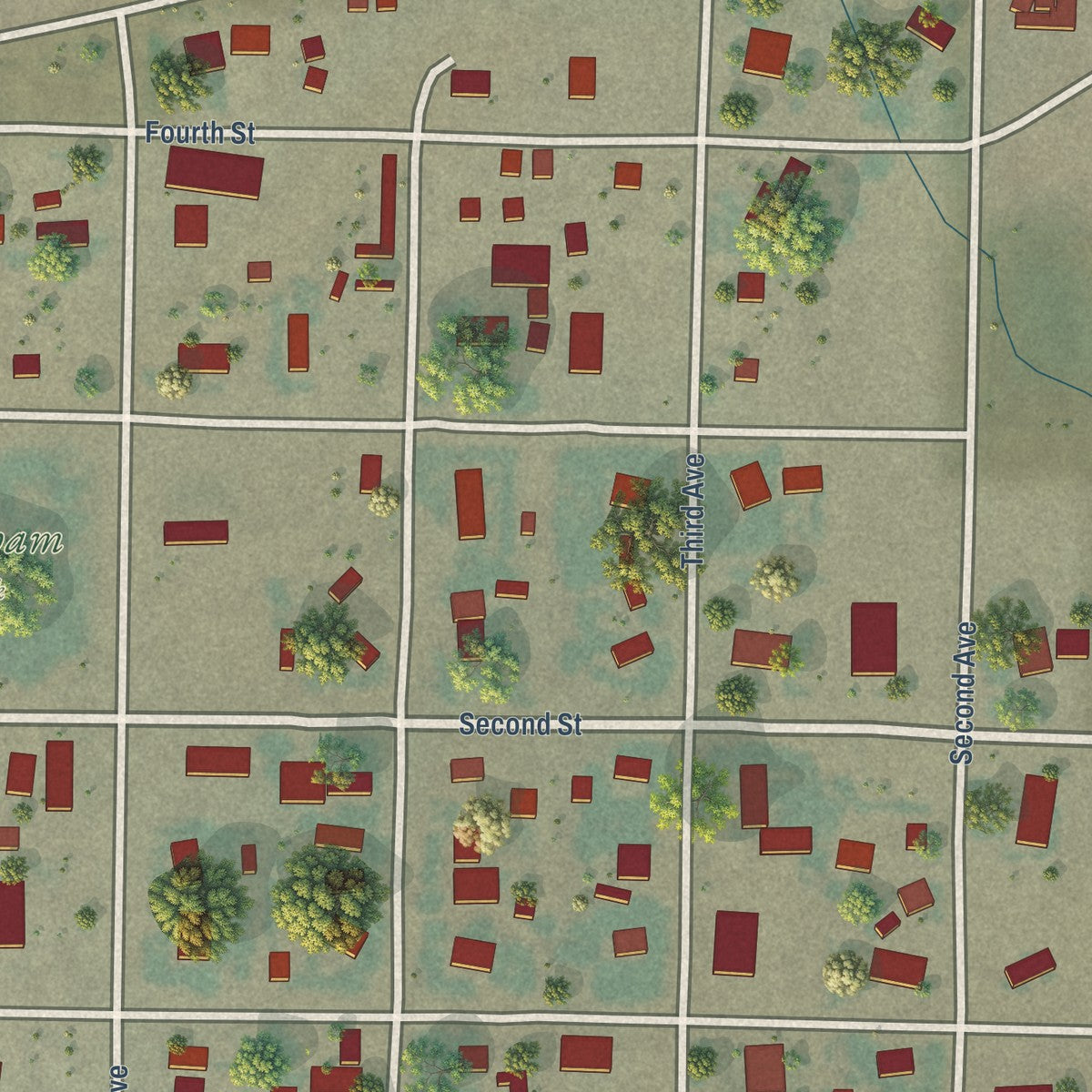 Close-up of the map of Hingham, Montana print showing street and building detail