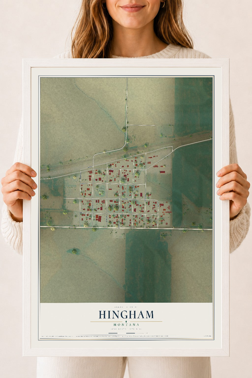 Map of Hingham, Montana, 18 x 24 inch print in a white wood frame