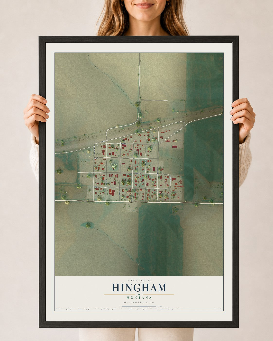 Map of Hingham, Montana, 24 x 36 inch print in a black wood frame
