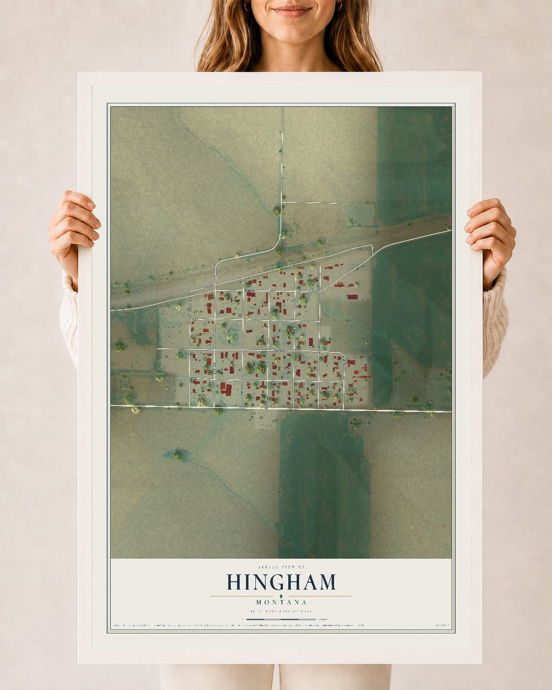 Map of Hingham, Montana, 24 x 36 inch print in a white wood frame