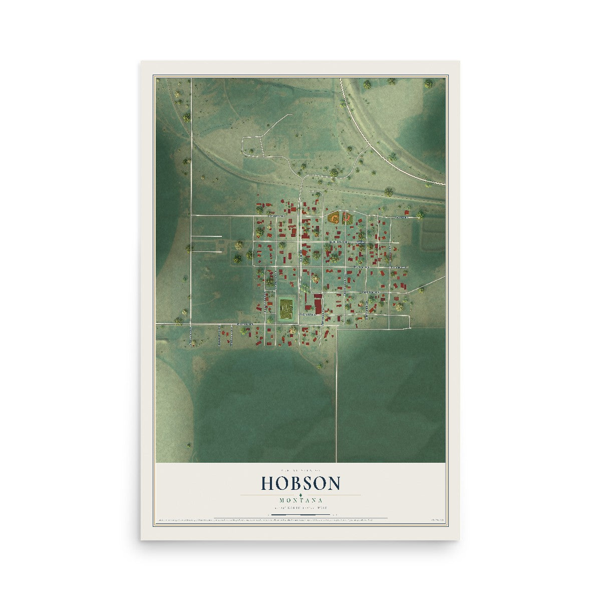 Map of Hobson, Montana, 12 x 18 inch unframed archival matte print