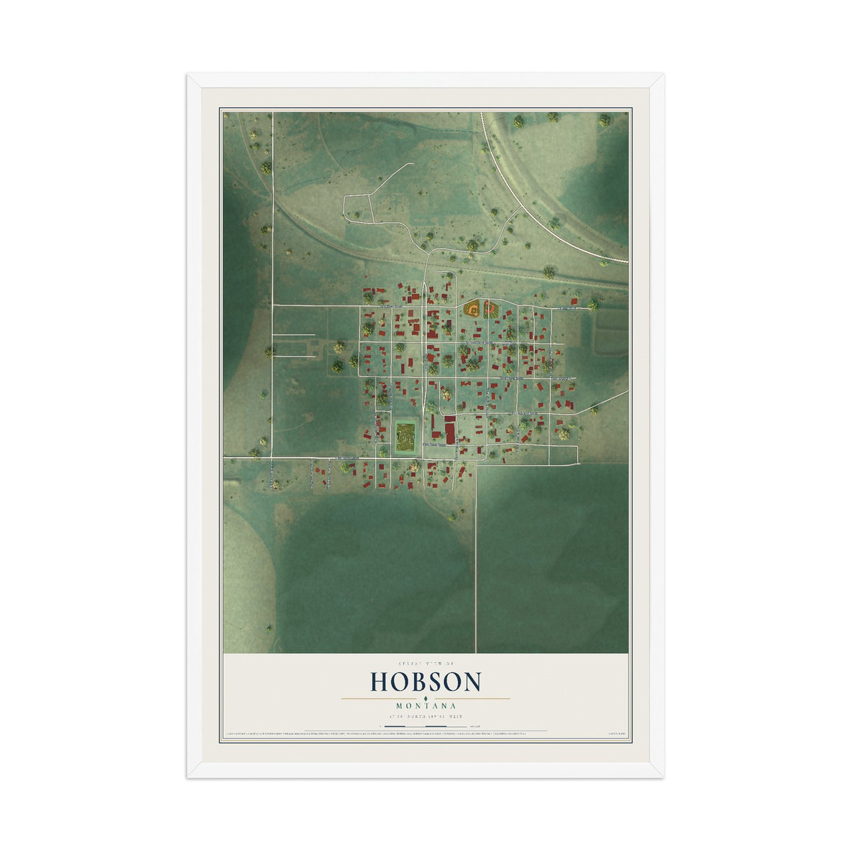 Map of Hobson, Montana, 12 x 18 inch print in a white wood frame