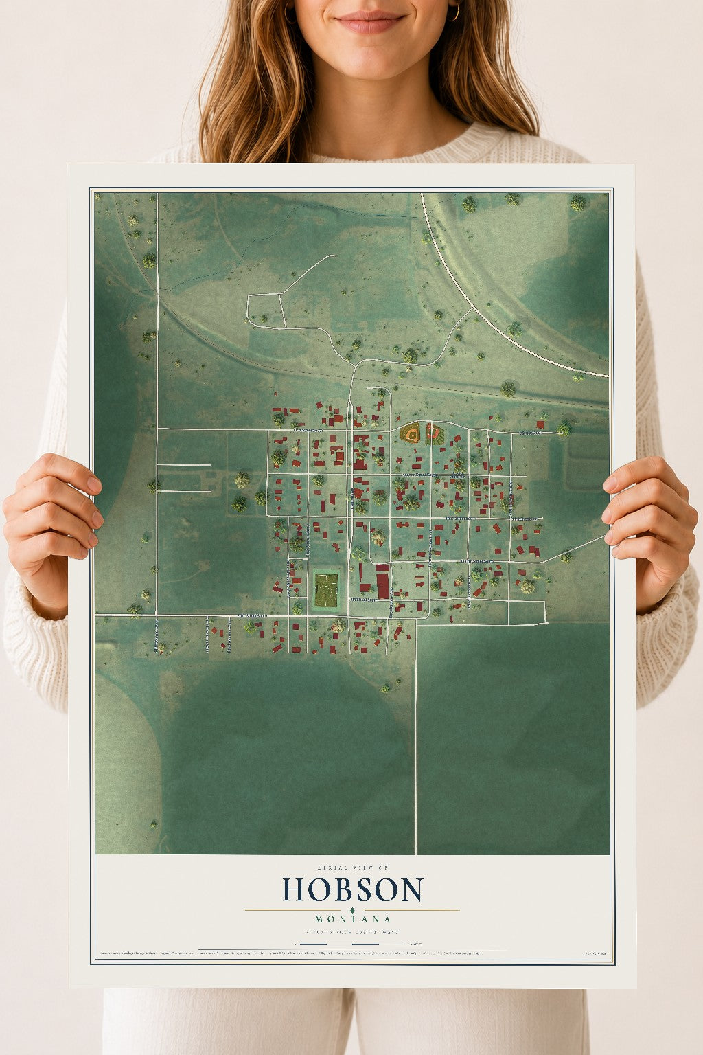 Map of Hobson, Montana, 18 x 24 inch unframed archival matte print