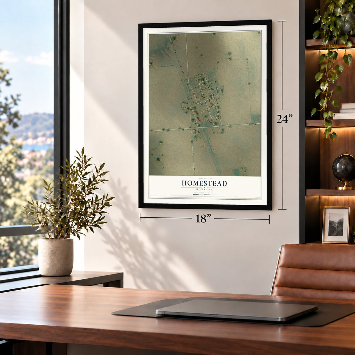 Homestead, Montana map, 18 x 24 inch print in a black frame in a home office
