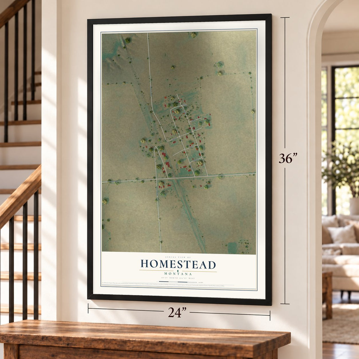 Homestead, Montana map, 24 x 36 inch print in a black frame by a staircase