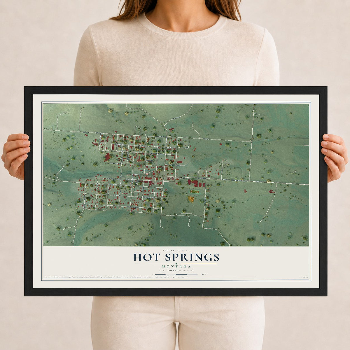 Map of Hot Springs, Montana, 12 x 18 inch print in a black wood frame