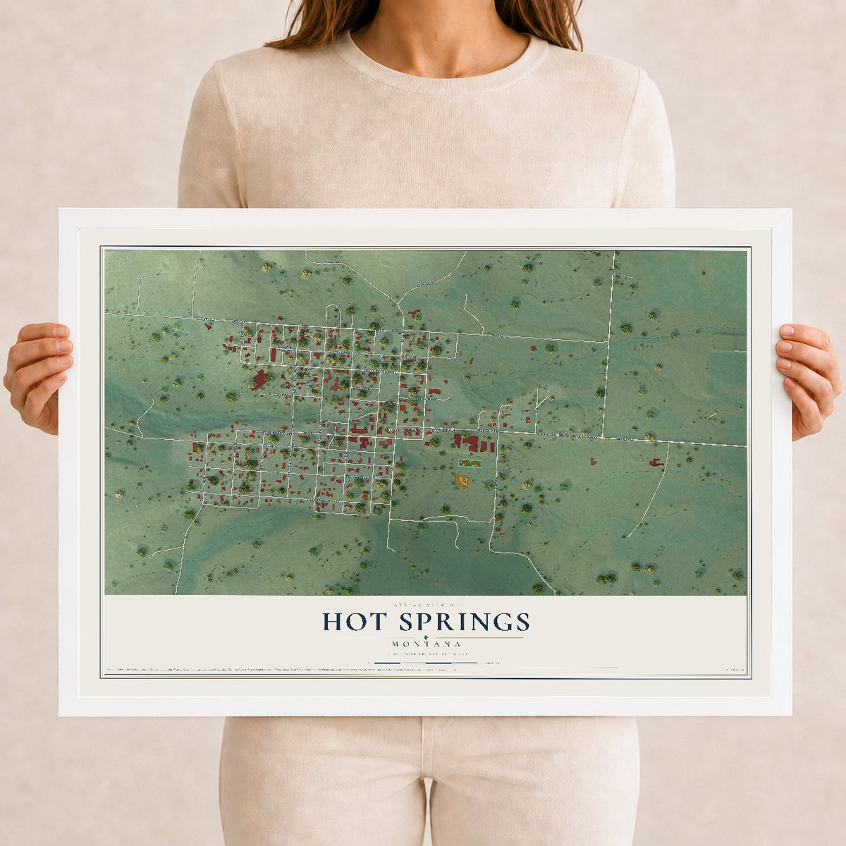 Map of Hot Springs, Montana, 12 x 18 inch print in a white wood frame