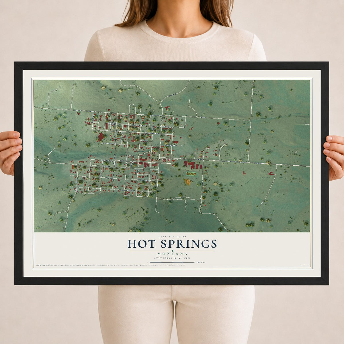 Map of Hot Springs, Montana, 18 x 24 inch print in a black wood frame