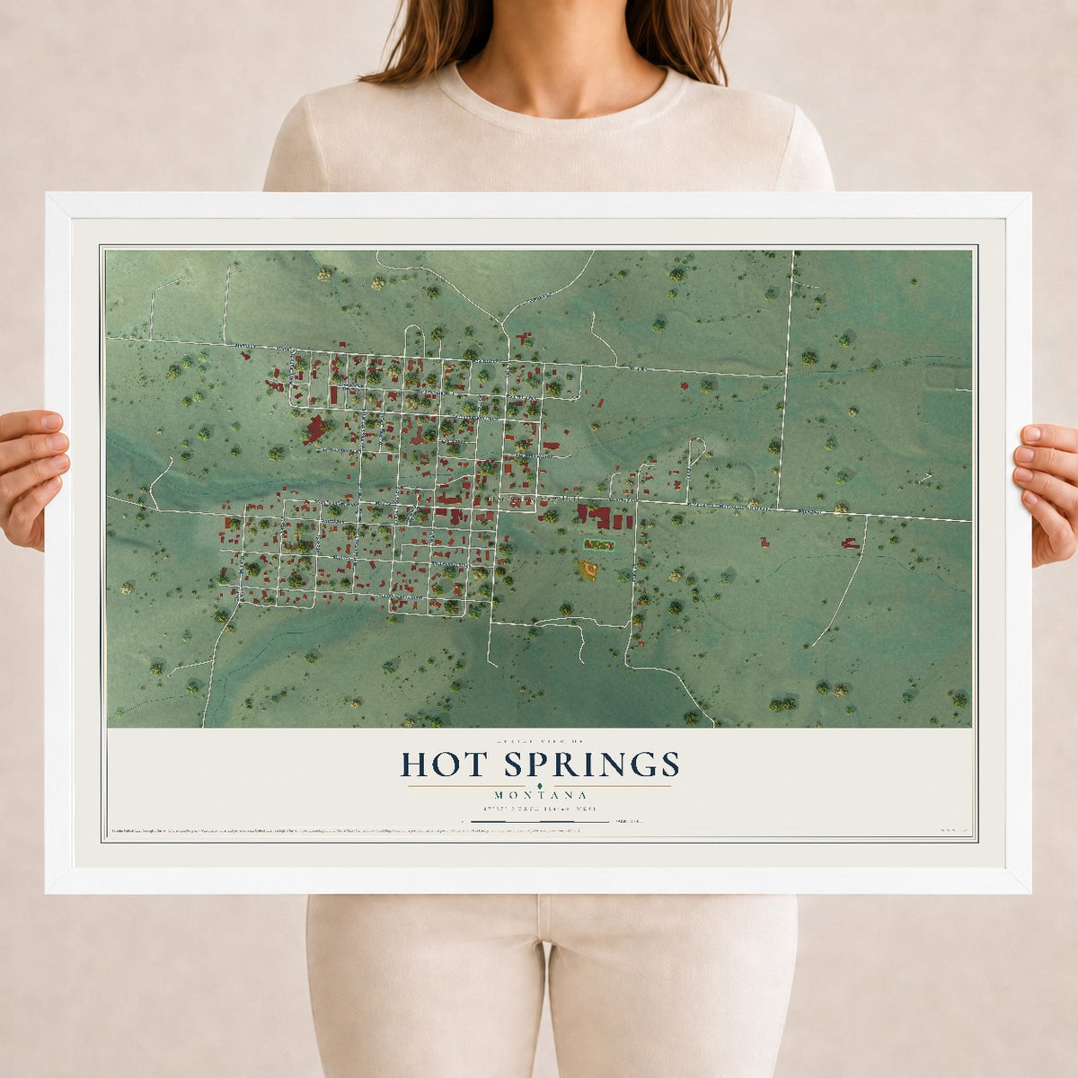 Map of Hot Springs, Montana, 18 x 24 inch print in a white wood frame