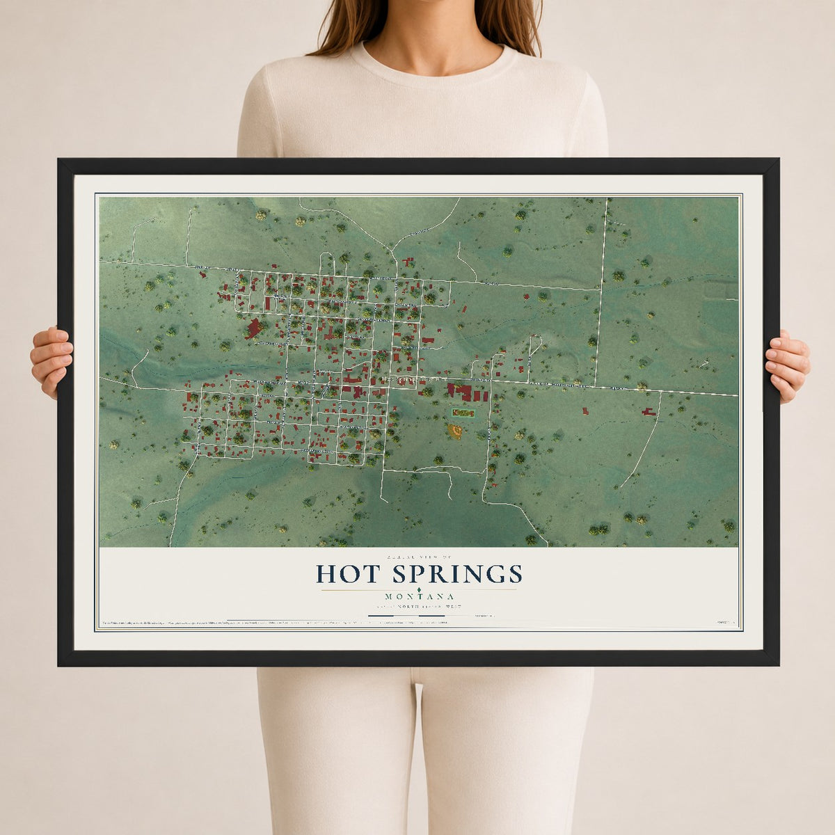 Map of Hot Springs, Montana, 24 x 36 inch print in a black wood frame