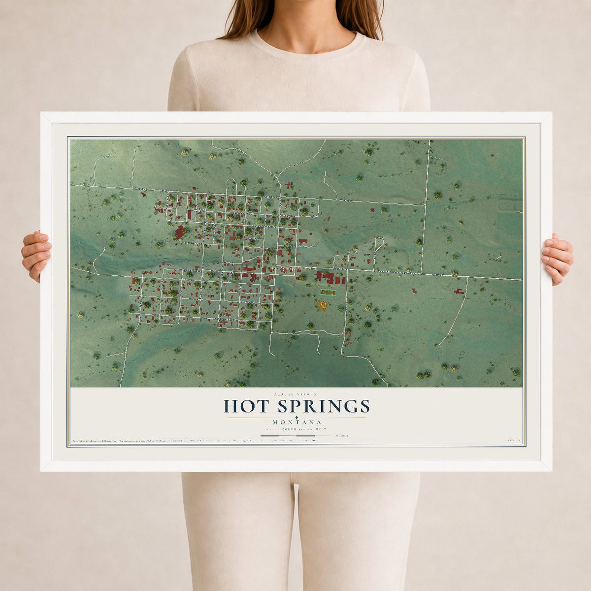 Map of Hot Springs, Montana, 24 x 36 inch print in a white wood frame