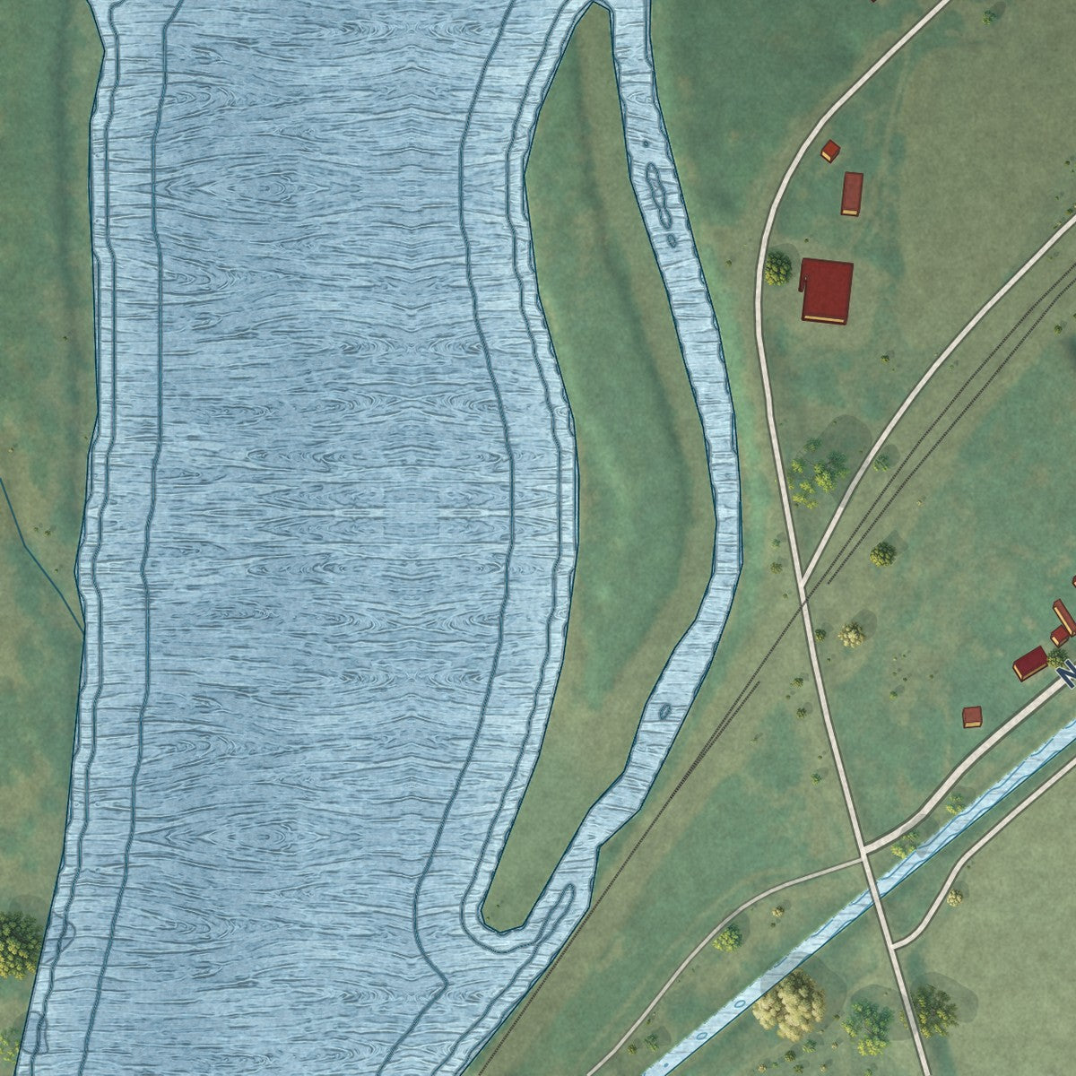 Close-up of the map of Huntley, Montana print showing street and building detail