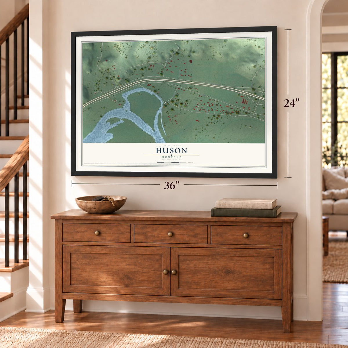 Huson, Montana map, 24 x 36 inch print in a black frame above a dresser by a staircase