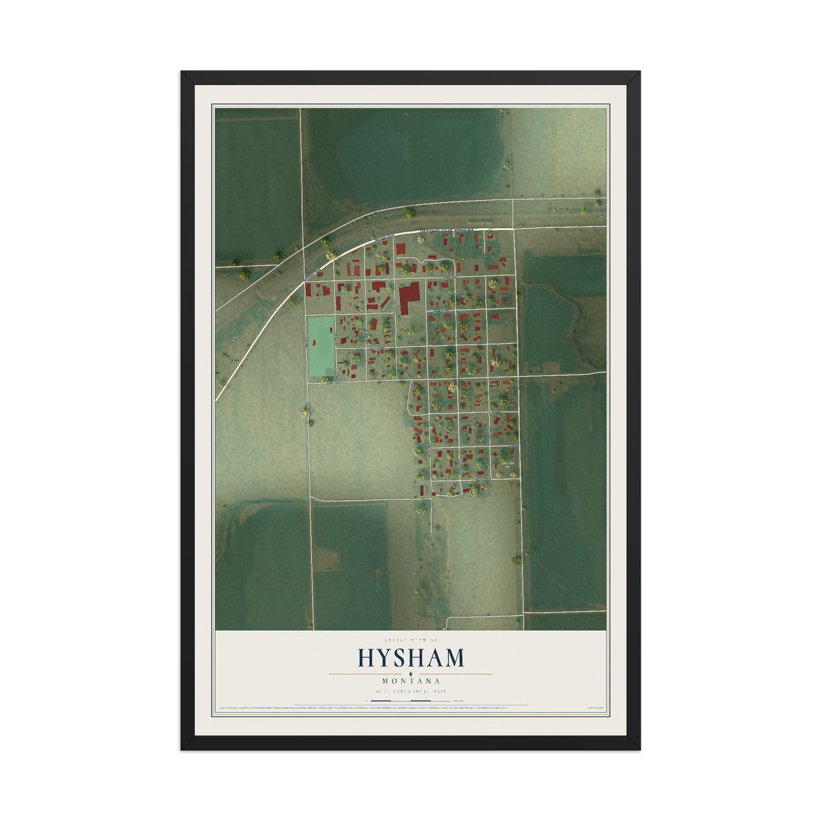 Map of Hysham, Montana, 12 x 18 inch print in a black wood frame