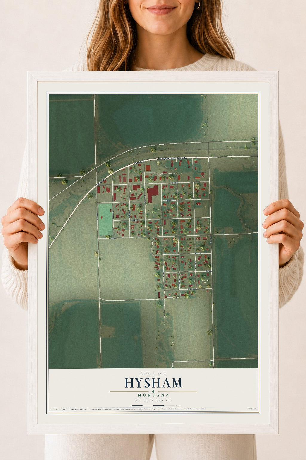 Map of Hysham, Montana, 18 x 24 inch print in a white wood frame