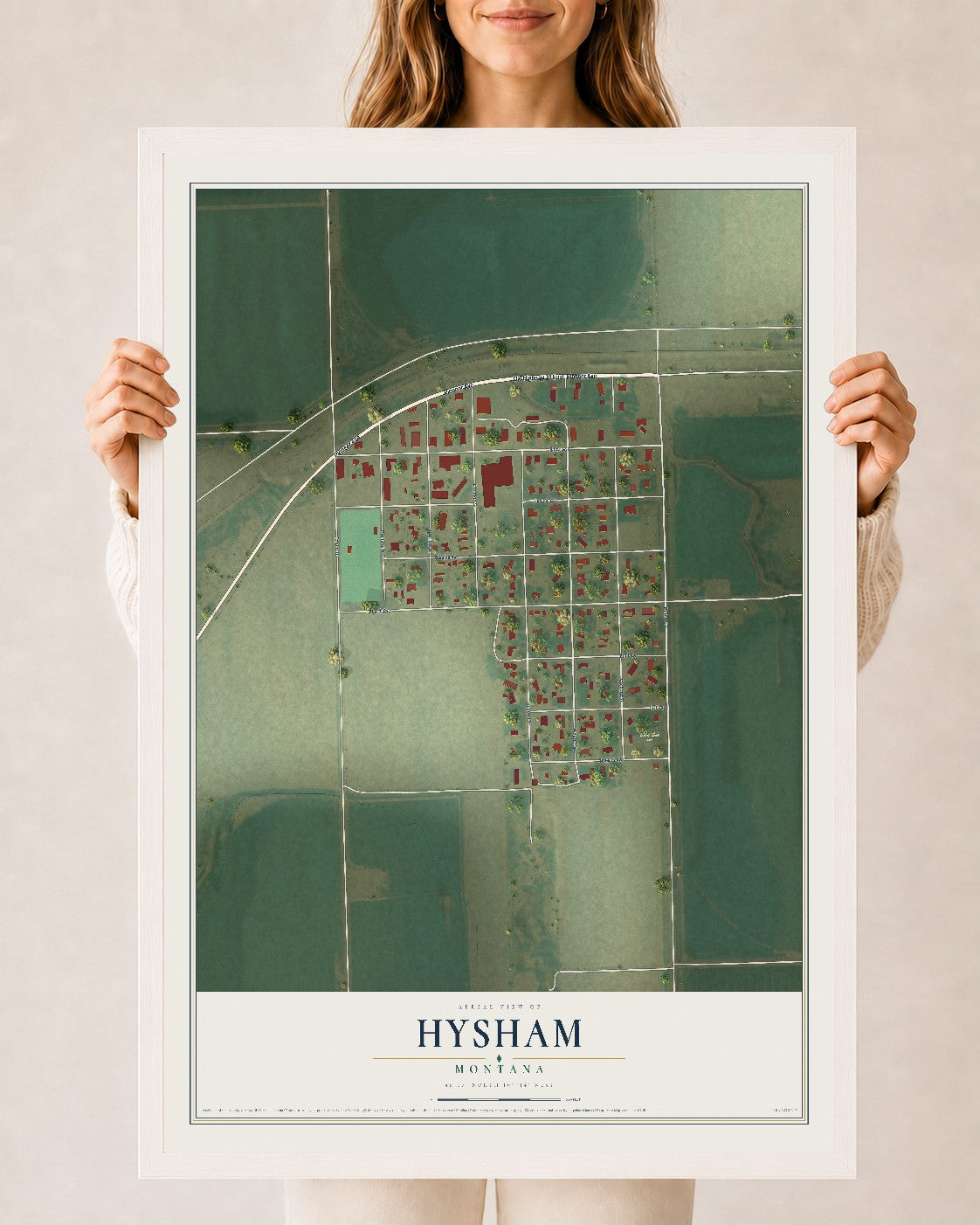 Map of Hysham, Montana, 24 x 36 inch print in a white wood frame