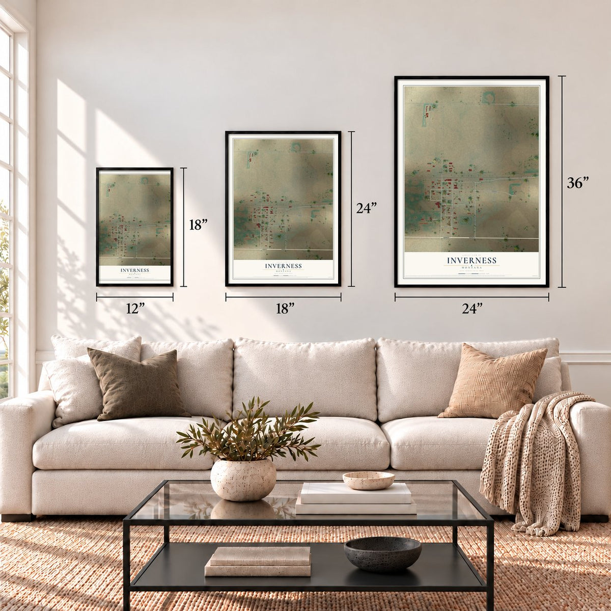Inverness, Montana map in 12 x 18, 18 x 24 and 24 x 36 inch sizes above a sofa