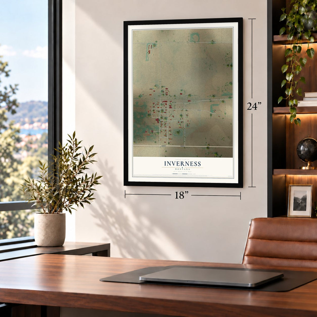 Inverness, Montana map, 18 x 24 inch print in a black frame in a home office