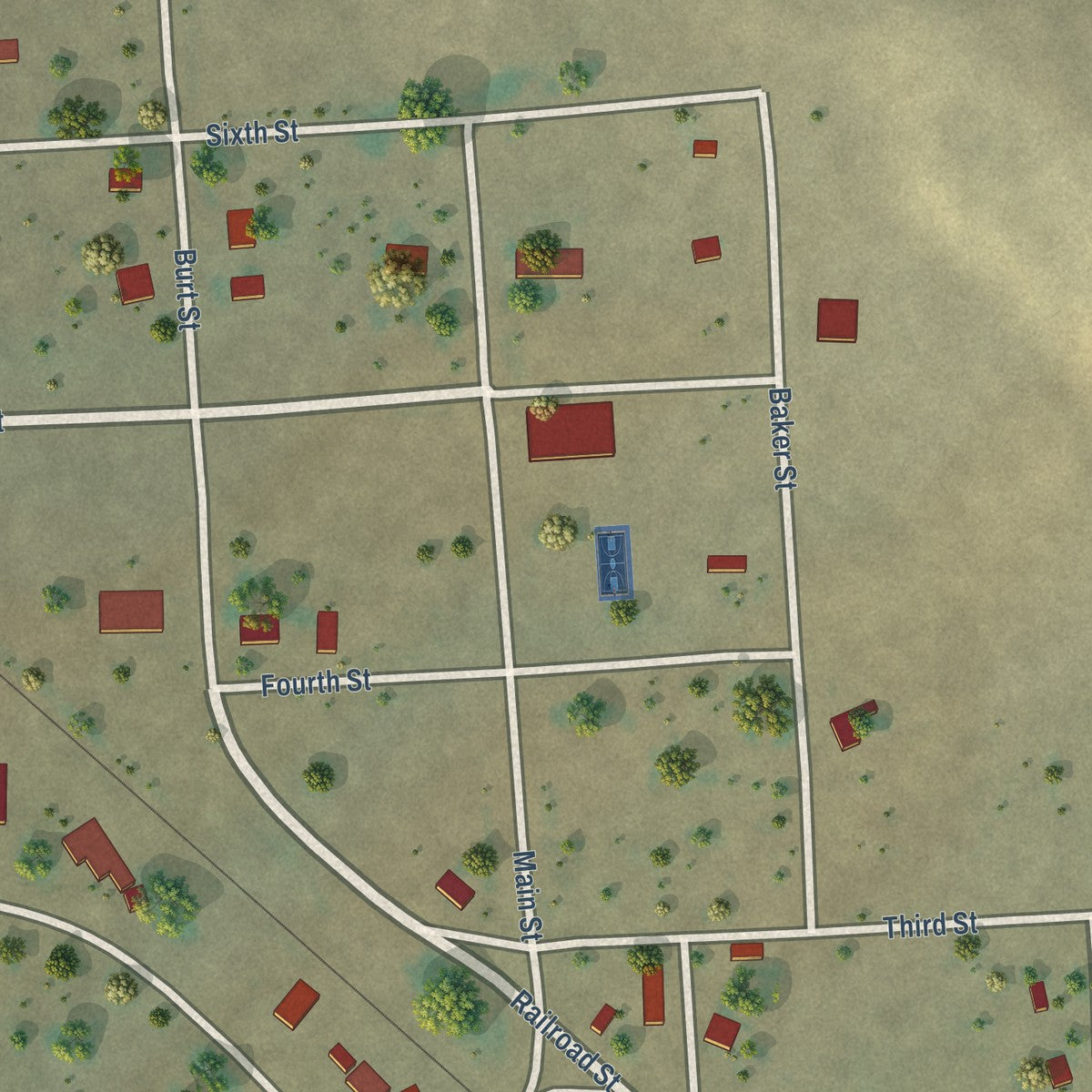 Close-up of the map of Ismay, Montana print showing street and building detail