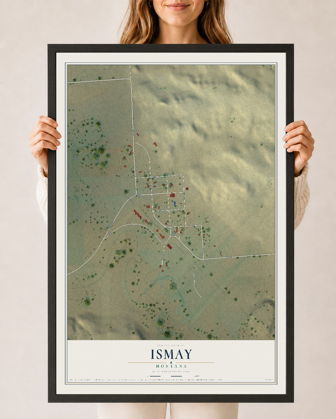 Map of Ismay, Montana, 24 x 36 inch print in a black wood frame