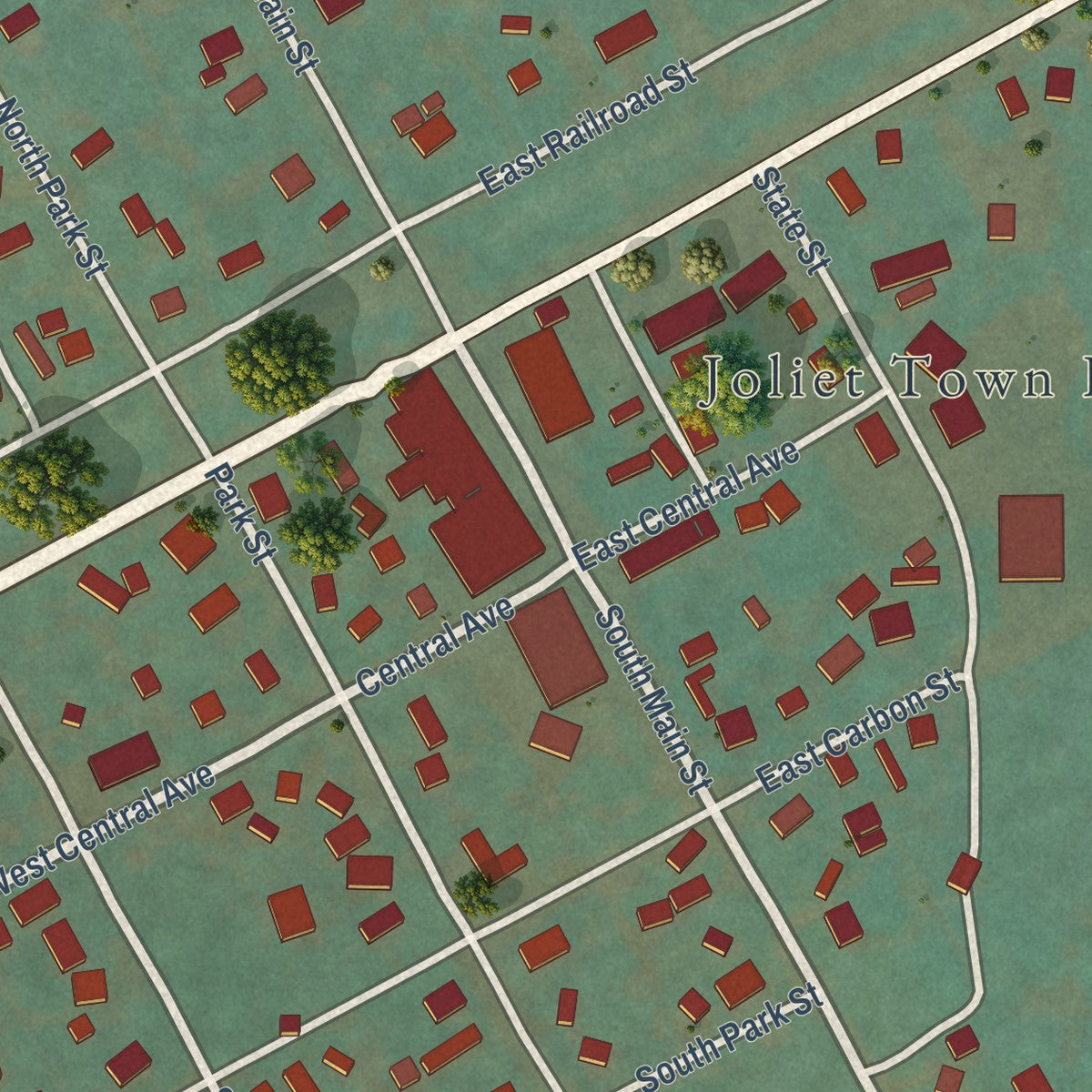 Close-up of the map of Joliet, Montana print showing street and building detail