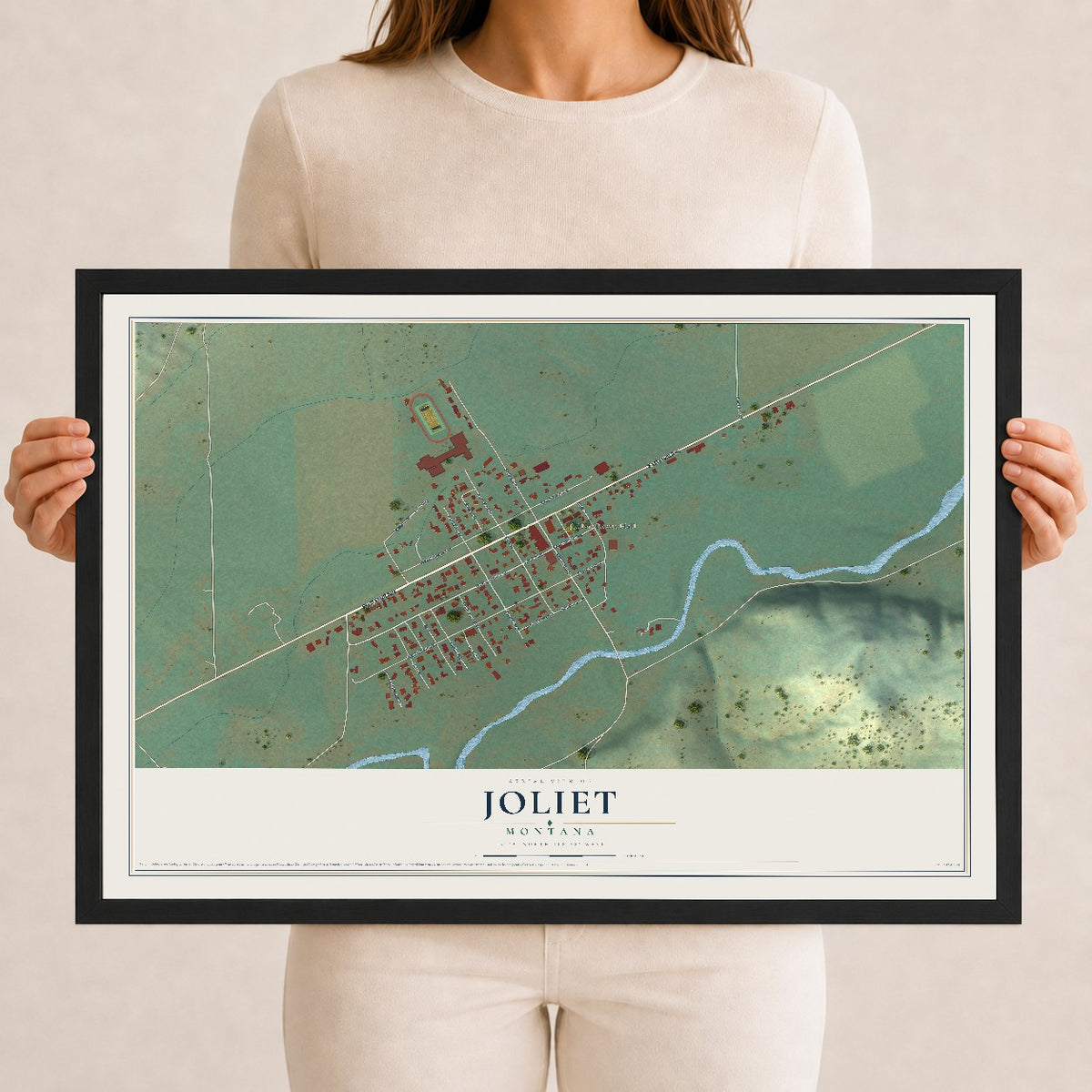 Map of Joliet, Montana, 12 x 18 inch print in a black wood frame