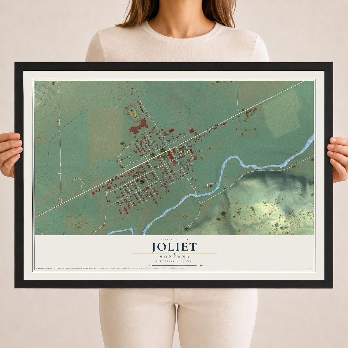 Map of Joliet, Montana, 18 x 24 inch print in a black wood frame