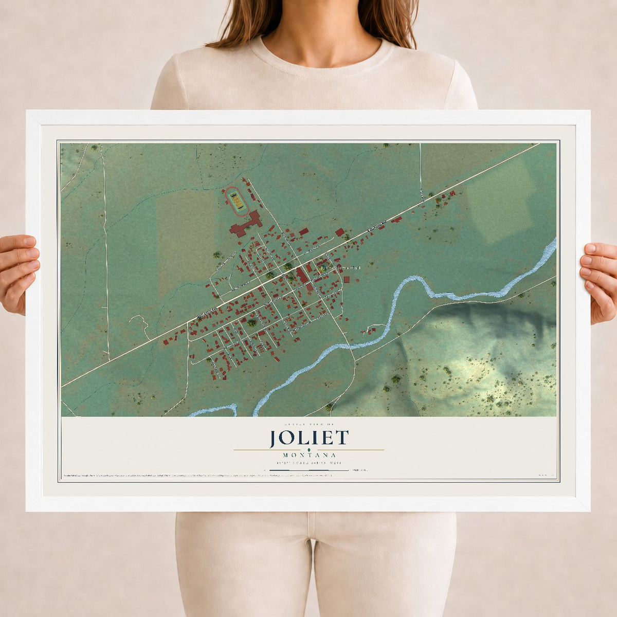 Map of Joliet, Montana, 18 x 24 inch print in a white wood frame
