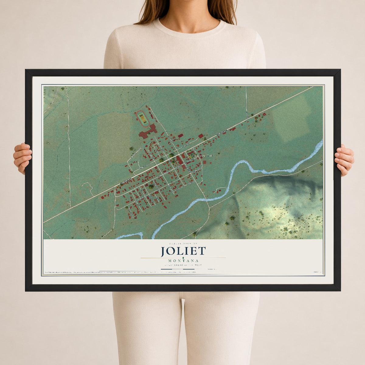 Map of Joliet, Montana, 24 x 36 inch print in a black wood frame