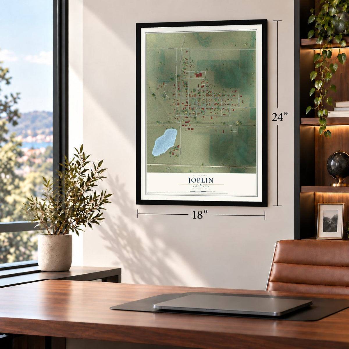 Joplin, Montana map, 18 x 24 inch print in a black frame in a home office