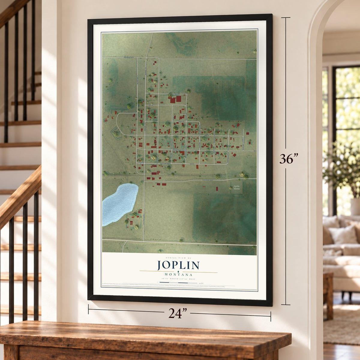 Joplin, Montana map, 24 x 36 inch print in a black frame by a staircase