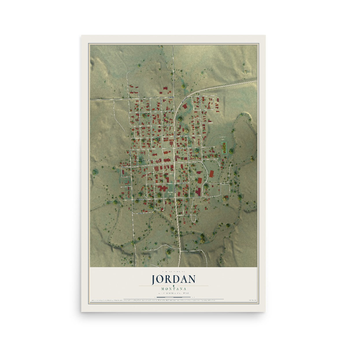 Map of Jordan, Montana, 12 x 18 inch unframed archival matte print
