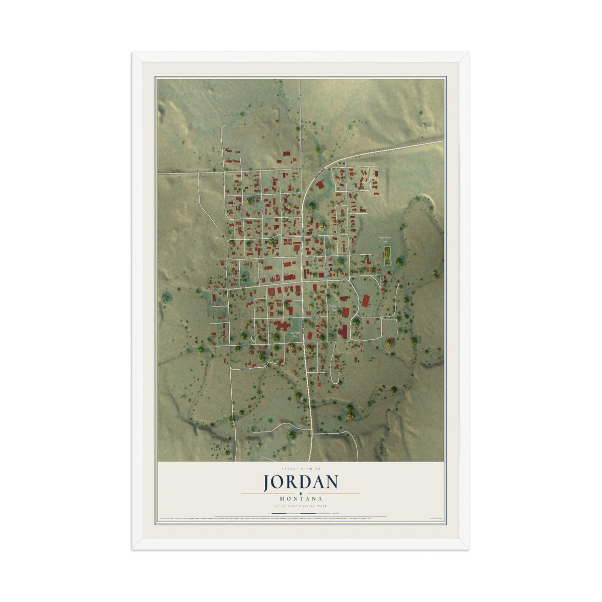 Map of Jordan, Montana, 12 x 18 inch print in a white wood frame