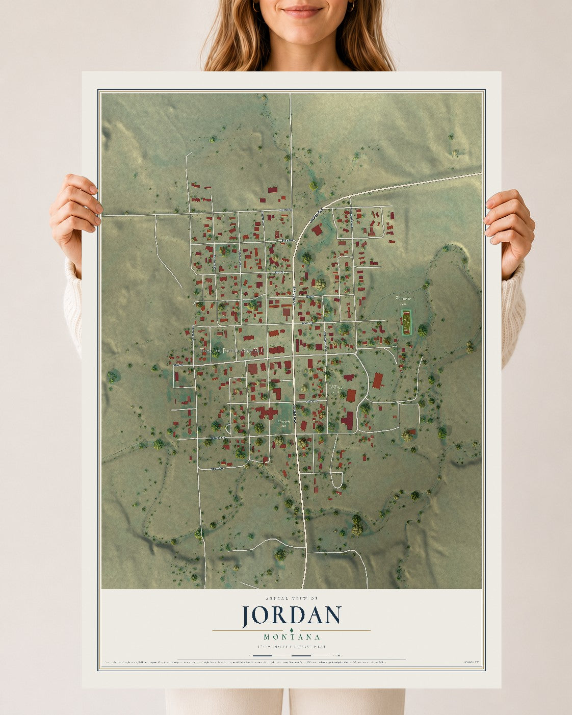 Map of Jordan, Montana, 24 x 36 inch unframed archival matte print