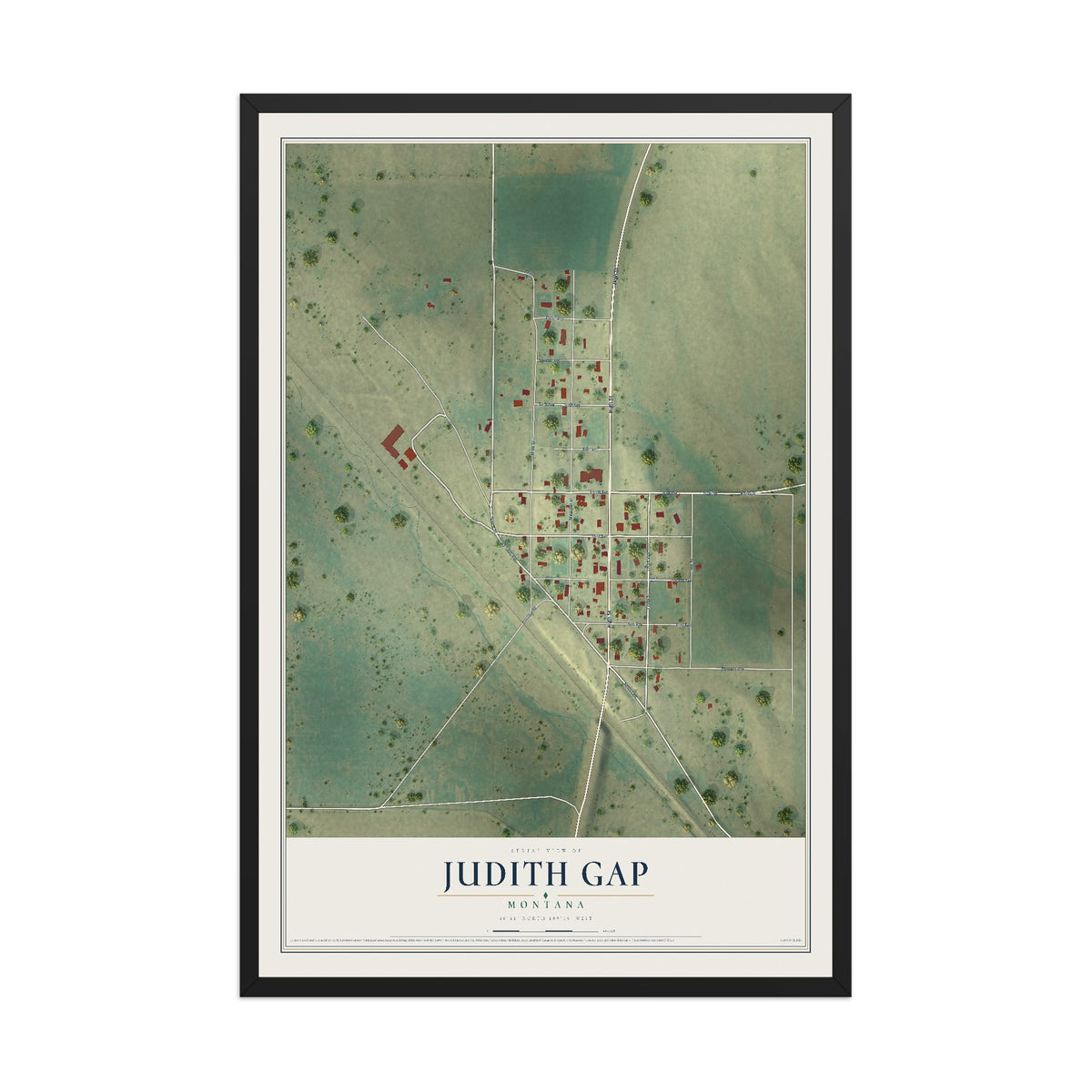 Map of Judith Gap, Montana, 12 x 18 inch print in a black wood frame