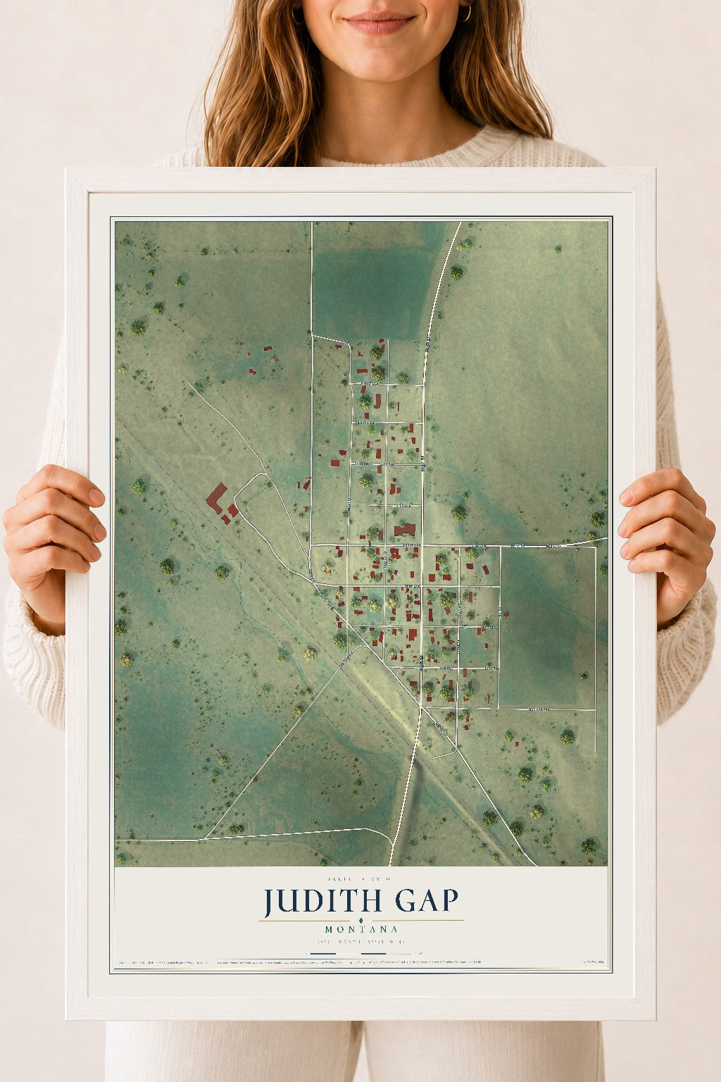Map of Judith Gap, Montana, 18 x 24 inch print in a white wood frame