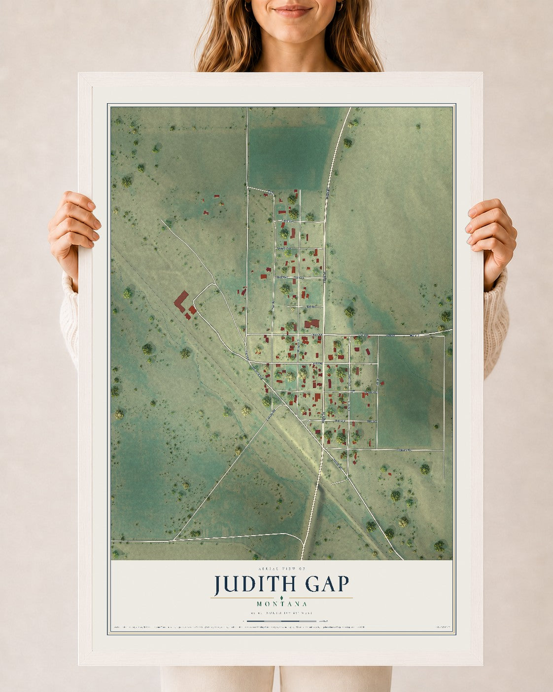 Map of Judith Gap, Montana, 24 x 36 inch print in a white wood frame