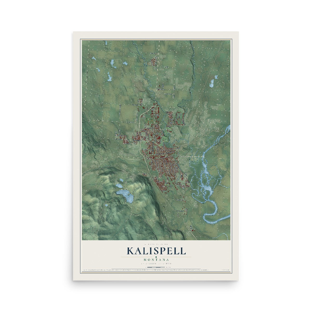 Map of Kalispell, Montana, 12 x 18 inch unframed archival matte print