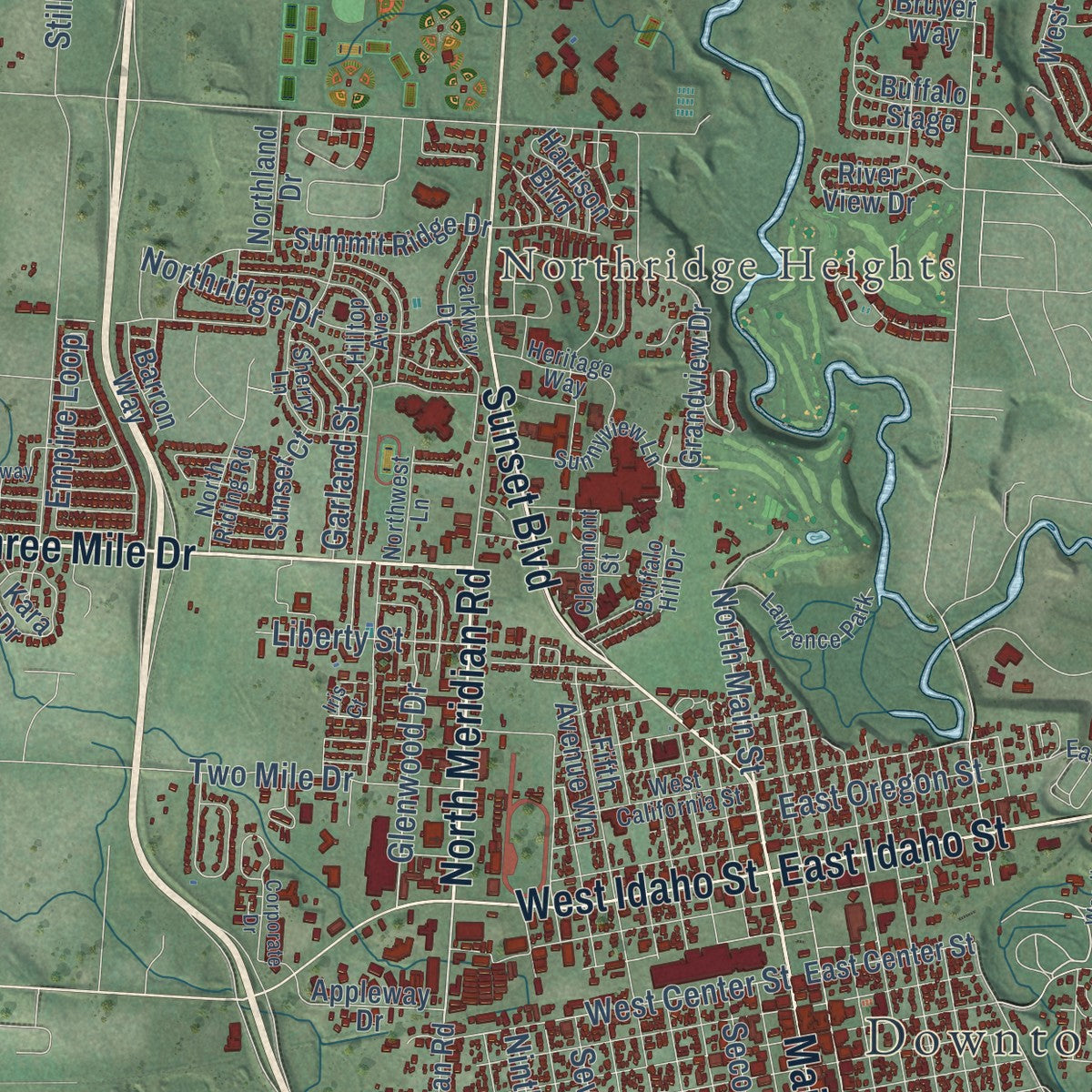 Close-up of the map of Kalispell, Montana print showing street and building detail
